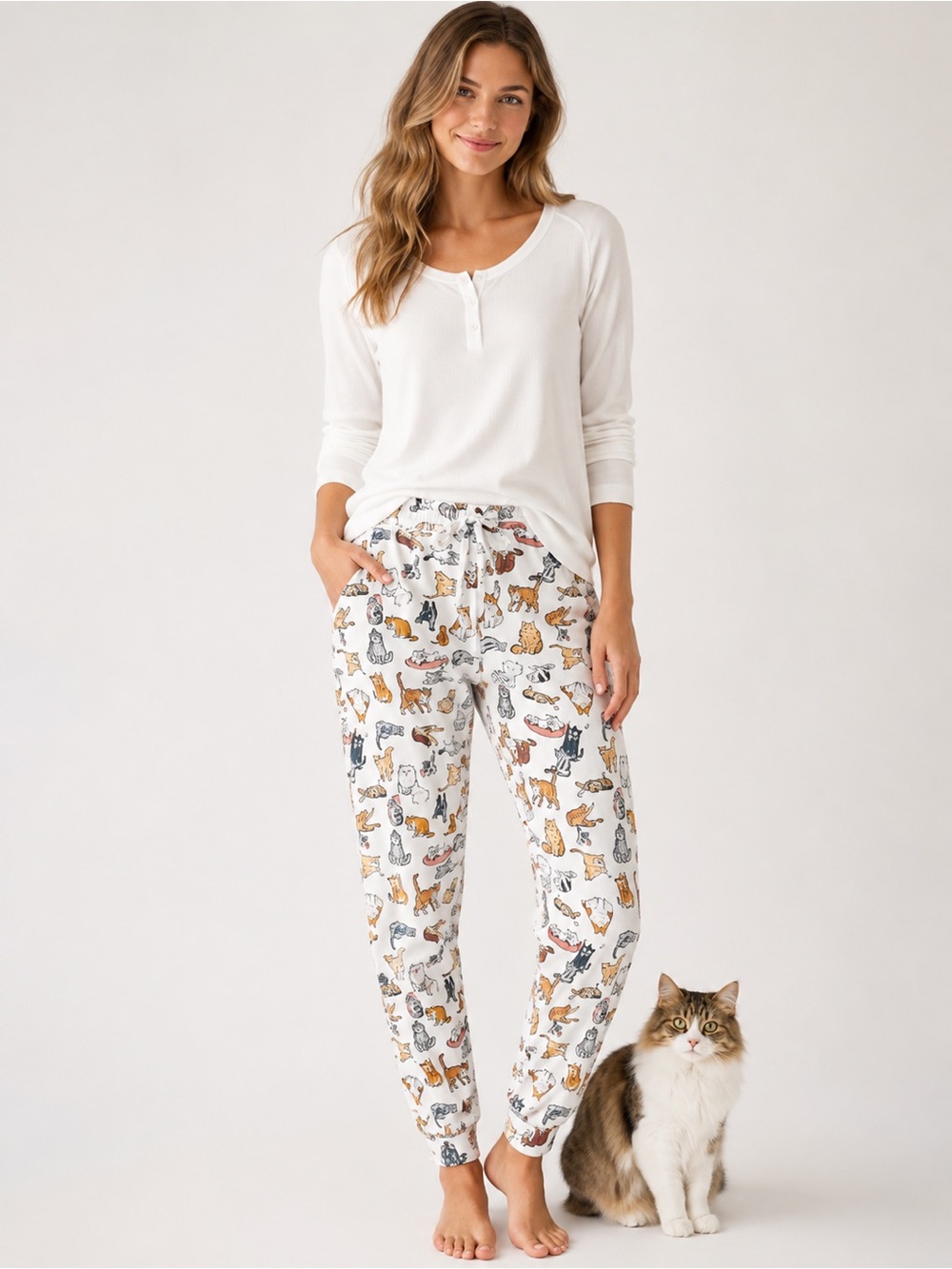 NWT Vera Bradley White Cat-Print Jogger Pants with Multicolor Cats